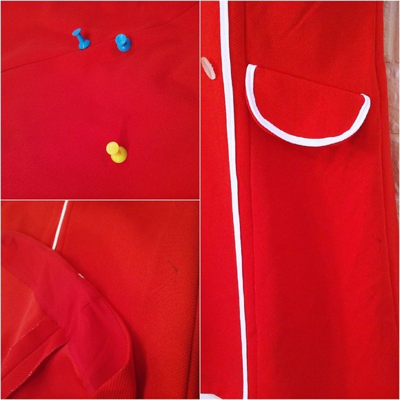 Vintage 60s-70s Uniform Dress Waitress Service -M(8) Knit Polyester Red White - Picture 10 of 10